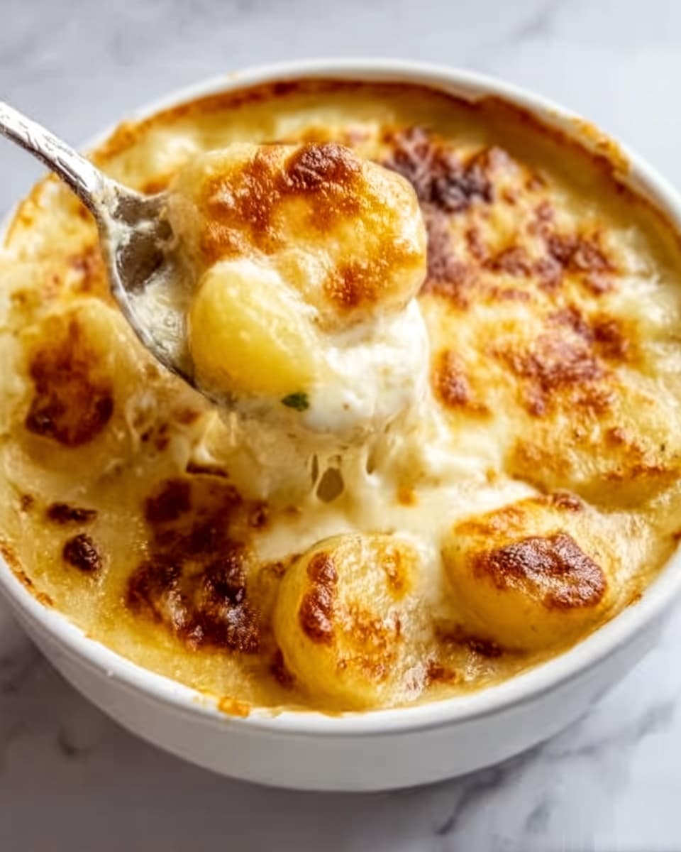 The image shows a white bowl filled with a creamy, cheesy dish with a golden-brown top. The top layer is bubbly and browned cheese with a few green herb sprigs sprinkled on it. Beneath the cheese, there are round, yellow pieces that look soft and smooth, partially lifted with a silver spoon held by a woman's hand. The bowl sits on a white marbled surface, giving a clean and bright look. photo taken with an iphone --ar 4:5 --v 7