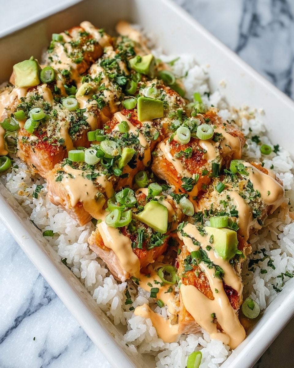 This image shows a white rectangular dish filled with a base layer of fluffy white rice. On top of the rice, there are several pieces of cooked salmon with a slightly crispy texture and a light orange color. The salmon pieces are covered with a creamy light tan sauce drizzled unevenly across them. Bright green chopped herbs and sliced green onions are sprinkled generously over the salmon, adding a touch of freshness. There are also small slices of avocado at the edges, giving a pale green hue. The dish is placed on a white marbled surface. photo taken with an iphone --ar 4:5 --v 7