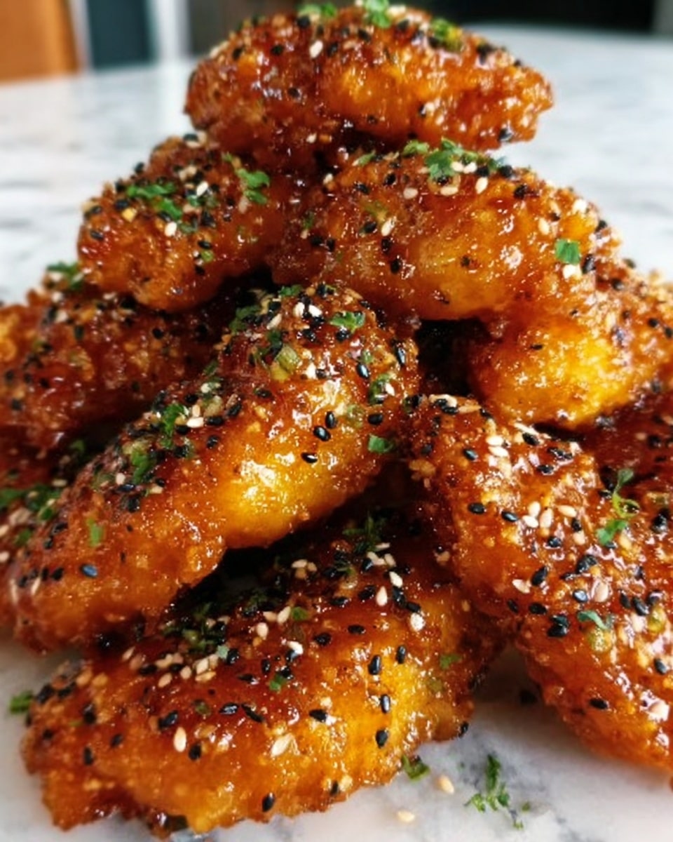 The image shows a close-up of several golden brown fried chicken pieces stacked together. Each piece has a crispy, crunchy coating with a rich orange color, covered in small dark sesame seeds and finely chopped green herbs. The texture looks crunchy and sticky as if glazed with a shiny sauce. The background is a soft white marbled surface, and the chicken pieces are the main focus, filling the frame with their rich colors and textures. photo taken with an iphone --ar 4:5 --v 7