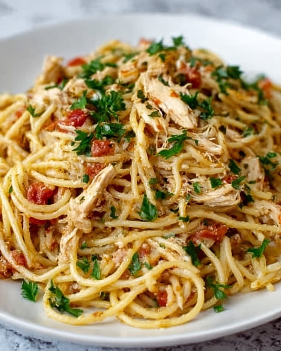 A white plate filled with spaghetti pasta layered with a mix of light golden shredded chicken pieces and small chunks of red tomatoes. The dish is topped with scattered fresh green parsley leaves, adding a touch of color. The pasta strands are slightly glossy, coated with a light sauce, and the chicken looks tender with a slight crisp at the edges. The background shows a white marbled texture, giving a clean and bright look to the image. photo taken with an iphone --ar 4:5 --v 7