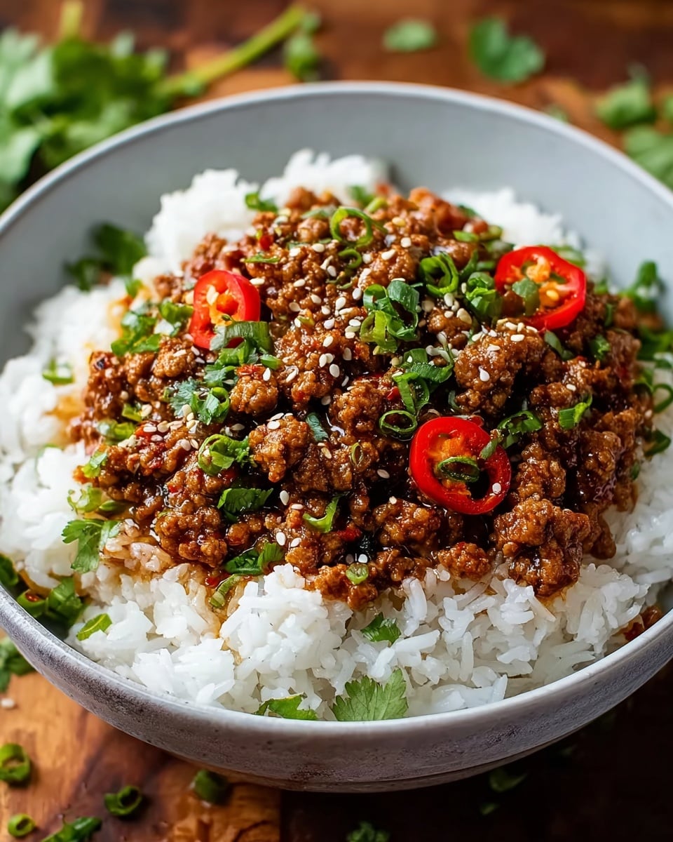 A white bowl filled with two layers, the bottom layer is fluffy white rice with a soft texture, and the top layer is cooked ground meat in a rich dark brown sauce with a shiny glaze. The meat is garnished with small bright green chopped scallions, thin red chili rings, white sesame seeds, and fresh green cilantro leaves on top. The bowl is placed on a wooden surface with some scattered green scallions around. photo taken with an iphone --ar 4:5 --v 7