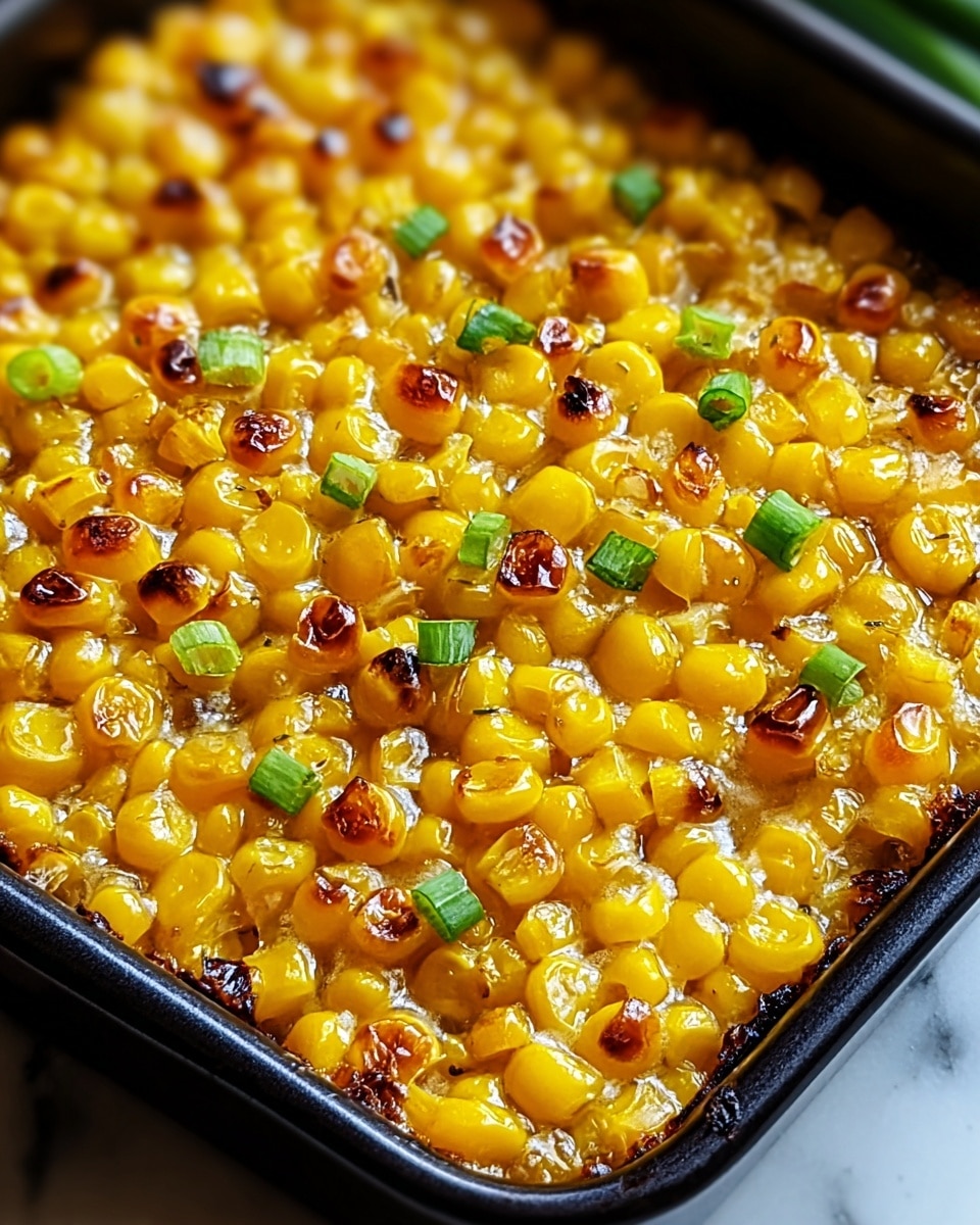 A close-up image of a baked corn dish in a black rectangular pan showcasing a single layer of golden-yellow corn kernels, some with slightly charred brown spots, giving a toasted appearance. The corn is coated in a shiny glaze that adds a moist texture, and sprinkled with small pieces of chopped green herbs scattered evenly across the surface. The edges of the pan show a bit of caramelization, adding contrast to the bright yellow corn. The scene is set on a white marbled texture, with soft natural lighting highlighting the vibrant colors and glossy finish, photo taken with an iphone --ar 4:5 --v 7