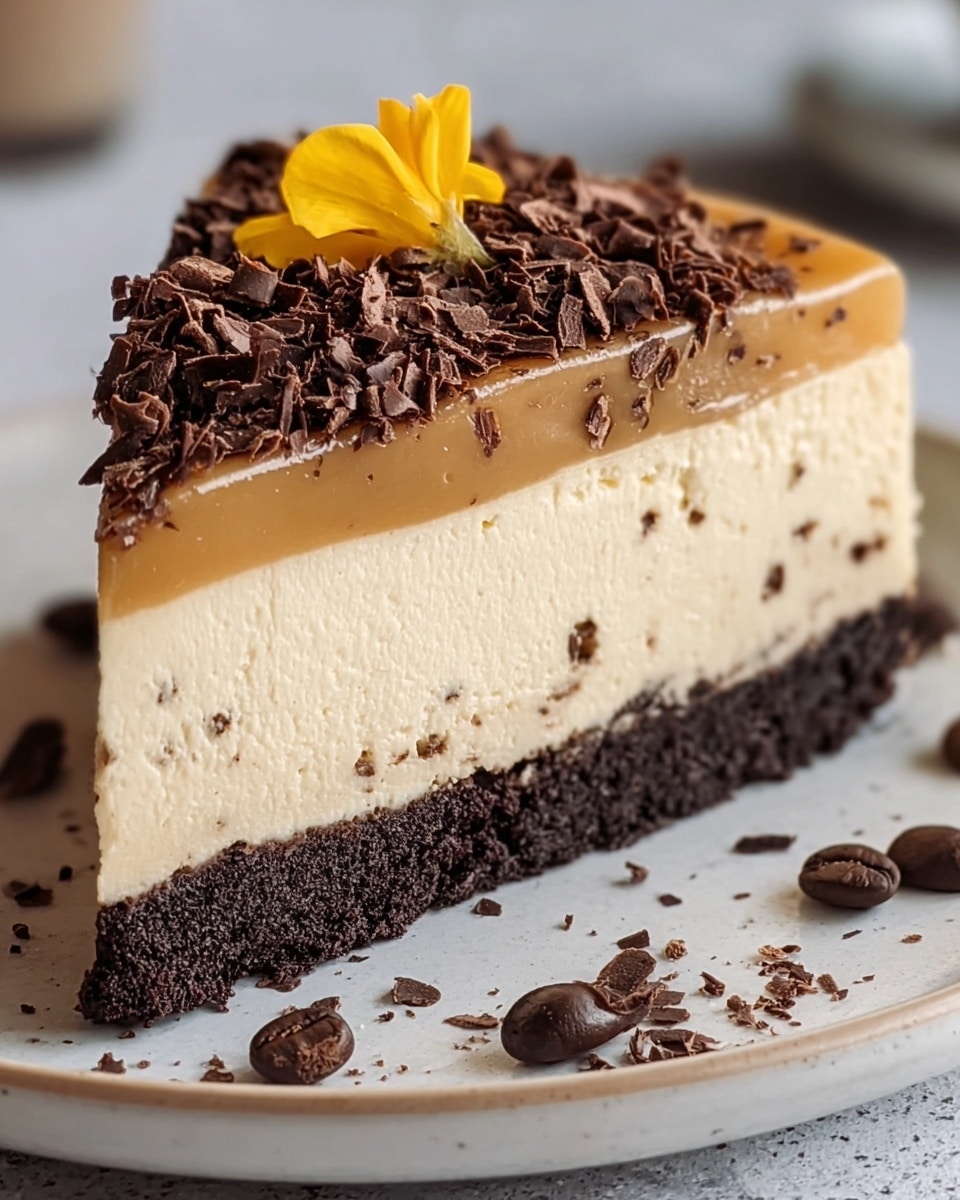A slice of cake with three layers is shown on a white plate. The bottom layer is thick, dark brown, and looks like a crumbly chocolate crust. The middle layer is thick, cream-colored, and smooth with a few chocolate specks inside. The top layer is a thin, shiny caramel color with small chocolate shavings piled mostly in the center. There are three whole coffee beans and some small chocolate pieces scattered around the plate. A yellow flower petal is placed on top near the chocolate shavings. The plate sits on a white marbled surface. photo taken with an iphone --ar 4:5 --v 7