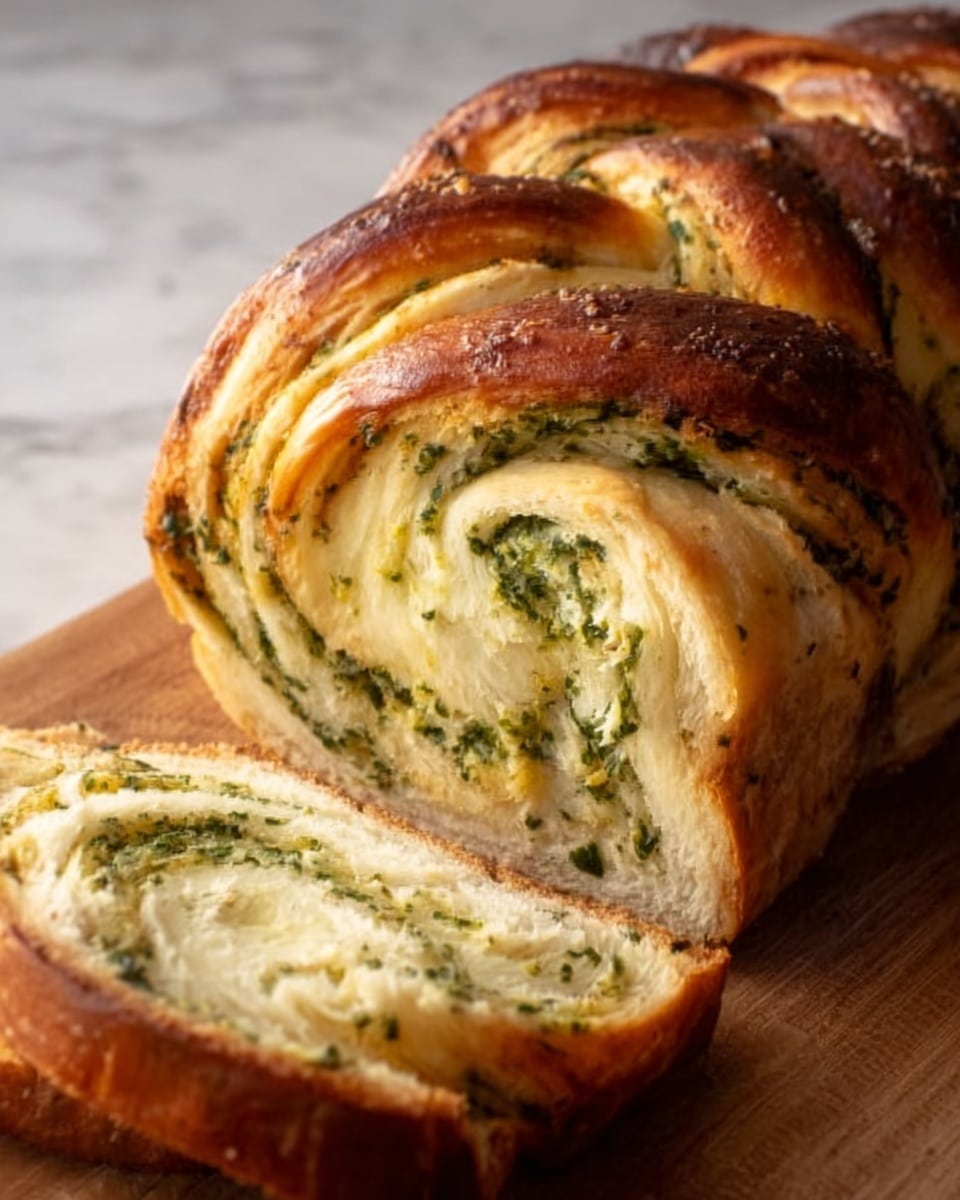 A close-up of a braided bread loaf with a golden brown crust, filled with a green herb mixture visible within the layers. The bread is thick and slightly shiny on the outside, with twisted strands showing a soft, fluffy interior with swirls of green herbs. One slice is cut and lies flat in front of the loaf on a wooden surface. The background is a white marbled texture. Photo taken with an iphone --ar 4:5 --v 7