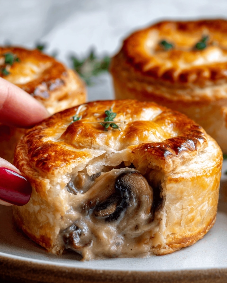The image shows a close-up of small, round pastry cups with a golden-brown crust. Each pastry cup is filled with a creamy mix of mushrooms visible inside, with a slightly glossy top where the crust softly shines. The pastries are neatly arranged close together on a white, marbled surface, and fresh green herbs are scattered around them, adding a touch of color. A woman's hand is gently reaching out to take one of the pastries, showing the flaky texture of the crust clearly. The lighting highlights the warm tones of the pastry and the rich, creamy filling inside. photo taken with an iphone --ar 4:5 --v 7