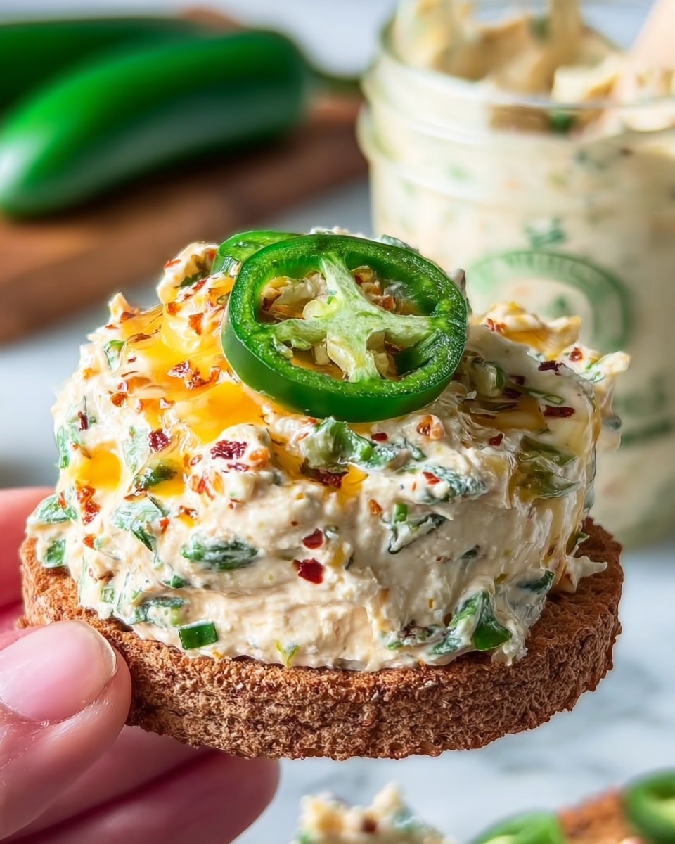 The image shows a close-up of a thick, creamy dip with visible green herb pieces and red pepper flakes mixed in. The dip is light beige with green and red specks, piled high on a small piece of brown cracker or toast held by a woman's hand. On top of the dip sits a bright green jalapeño slice, slightly glossy and fresh-looking. The dip also has a drizzle of melted orange cheese over the top. The background features a small glass jar filled with the same dip and a blurred white marbled surface underneath. Photo taken with an iphone --ar 4:5 --v 7