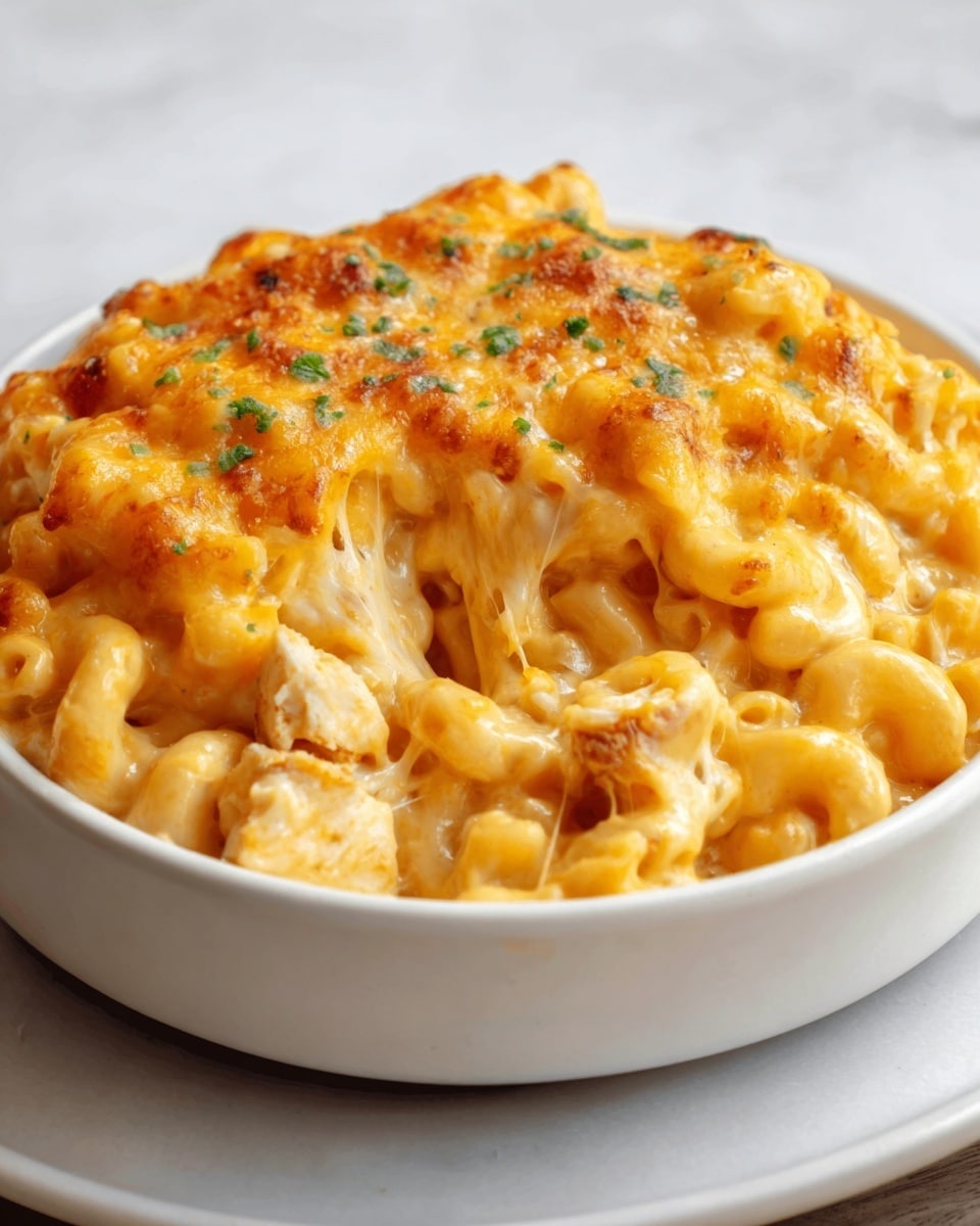 A close-up view of a white bowl filled with creamy macaroni and cheese, showing three main layers: at the bottom, tender elbow macaroni pieces covered in a rich, smooth orange cheese sauce; the middle layer has melted, gooey cheese stretched slightly above the pasta; the top layer is a golden-brown crust of baked cheese with small green herb sprinkles scattered evenly. The bowl sits on a white marbled surface with soft natural light highlighting the shiny texture of the cheese. Photo taken with an iphone --ar 4:5 --v 7