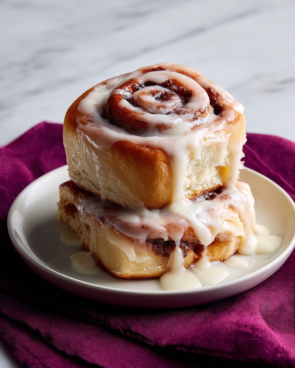 A tall stack of three cinnamon roll layers sits on a white plate, each layer showing golden-brown dough with visible swirls of cinnamon filling. Between the rolls is a thick, creamy, light yellow filling that slightly oozes out. On top and dripping down the sides is a smooth white glaze that contrasts with the warm tones of the cinnamon rolls. The plate is placed on a dark cloth over a white marbled texture surface. photo taken with an iphone --ar 4:5 --v 7