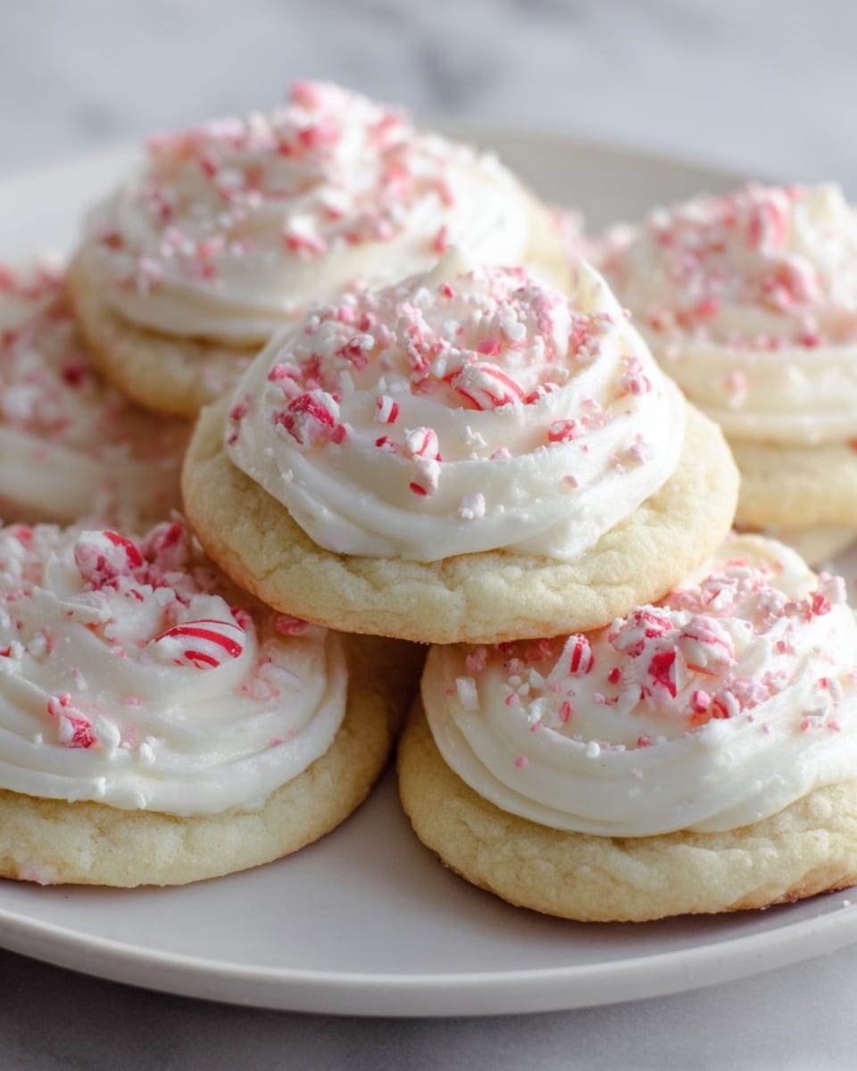 The image shows a plate of soft cookies with white frosting swirled on top in a thick layer, each cookie topped with small crushed red and white peppermint pieces. The cookies are light golden and look soft and fluffy, arranged closely on a white plate. The background is a white marbled texture. photo taken with an iphone --ar 4:5 --v 7