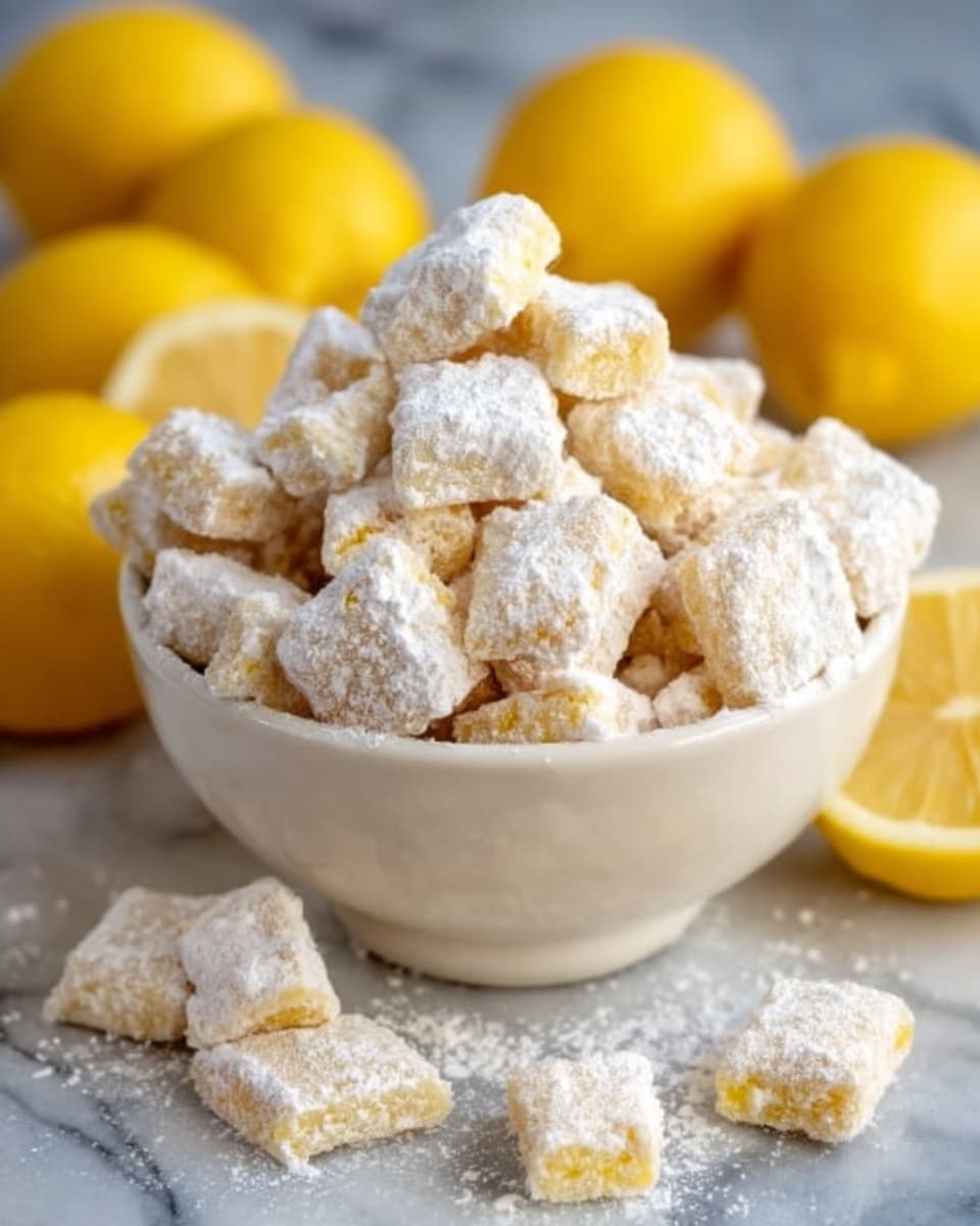 A white bowl filled with many small square-shaped lemon cookies covered in powdered sugar, giving them a soft white and slightly textured look; the cookies have a light yellow color peeking through under the sugar. The bowl is placed on a white marbled surface with whole and cut lemons in the background adding bright yellow accents. Some cookies are scattered outside the bowl front and side, showing their fluffy, slightly rough texture. photo taken with an iphone --ar 4:5 --v 7