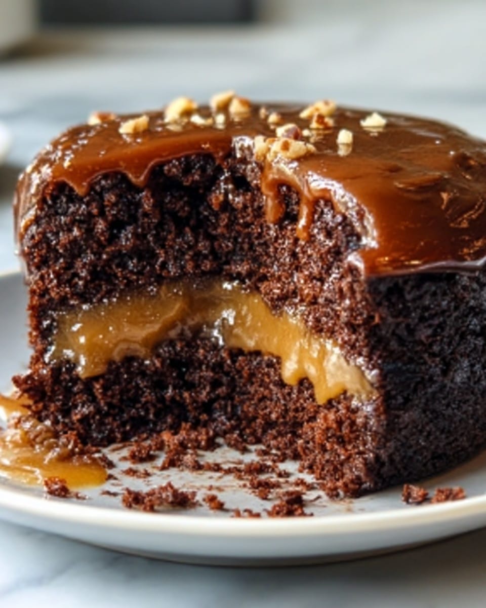 A close-up view of a rich chocolate cake with one slice cut out, showing two dense, moist dark brown layers stacked on a white plate. The top layer is covered with thick, glossy brown chocolate glaze that looks smooth and shiny, dripping slightly down the sides. The cake crumbs are soft and textured, with a golden caramel sauce pooling on the plate around the bottom edge, adding a shiny contrast. The white marbled surface beneath the plate is faintly visible, creating a clean and bright background. Photo taken with an iphone --ar 4:5 --v 7