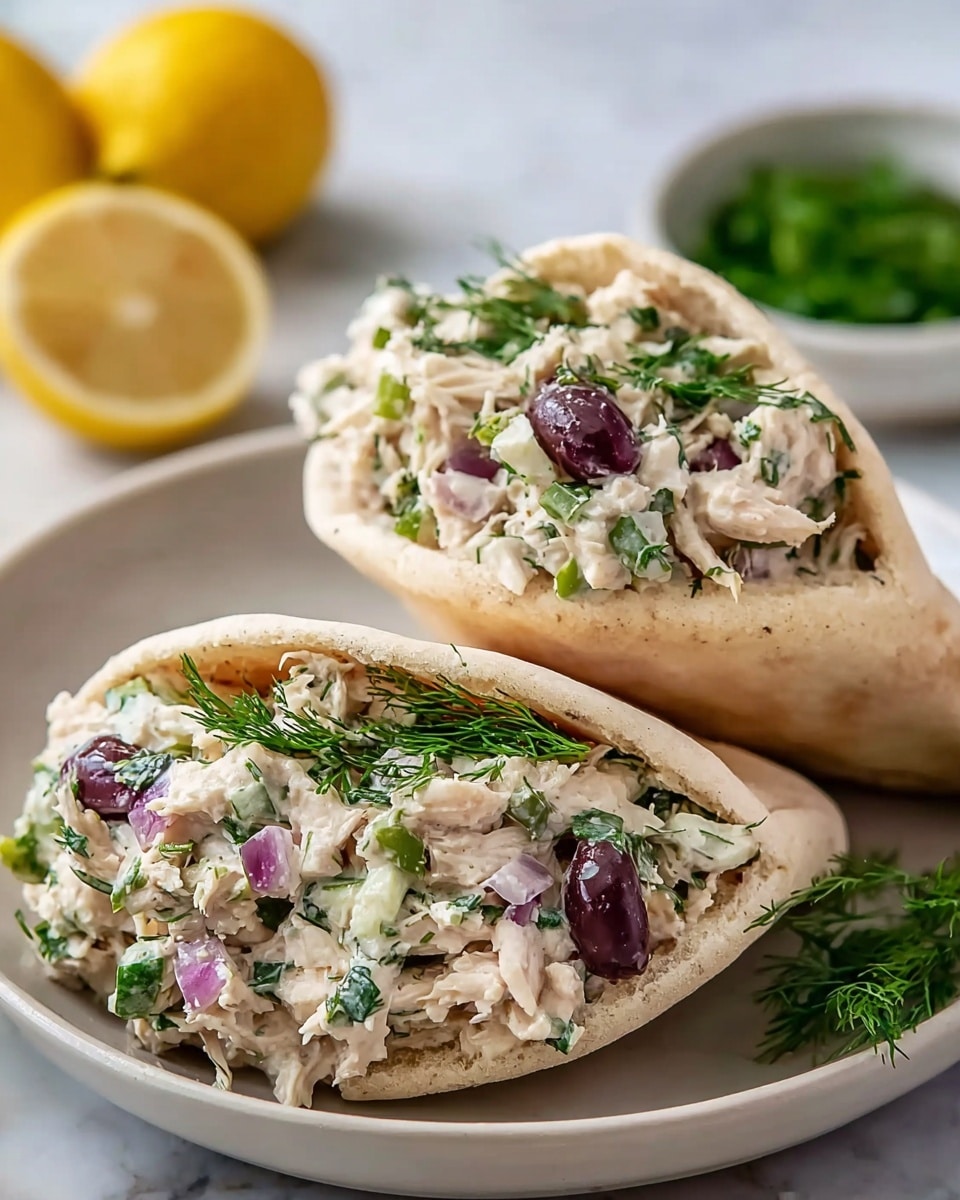 Two pita halves filled with a creamy chicken salad sit on a white plate placed on a white marbled surface. Each pita is light brown and soft with slightly rough textures on the outside and is overstuffed with a chunky filling made of white shredded chicken mixed with green herbs, small pieces of red onion, and dark purple olives. Sprigs of fresh dill and chopped green parsley peek out on top of the filling, adding a touch of green. In the blurry background, a halved lemon and a small white bowl with chopped herbs can be seen. photo taken with an iphone --ar 4:5 --v 7