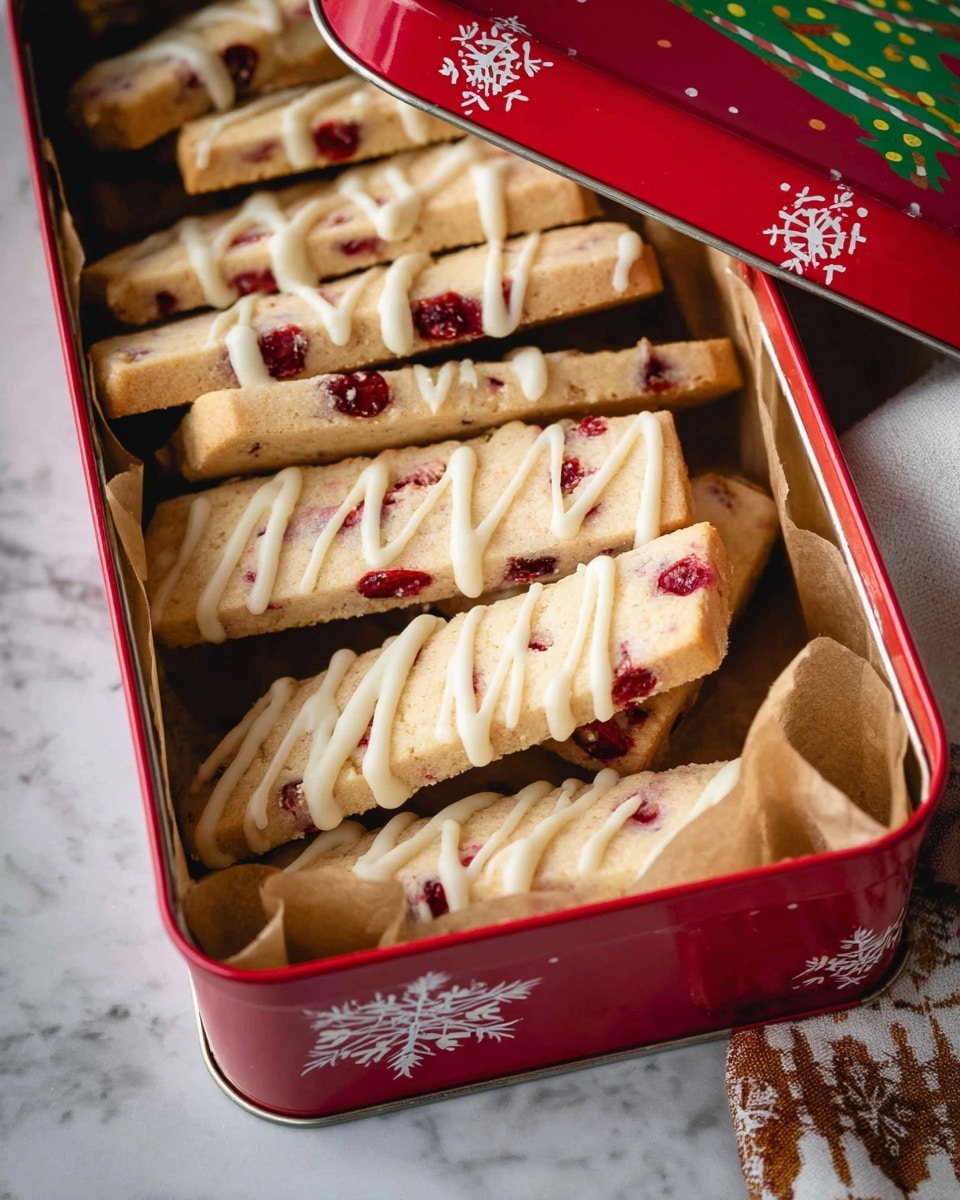 A red metal tin with white snowflake patterns contains a stack of rectangular shortbread cookies with small red berry bits inside. The cookies are pale beige with a slightly crumbly texture and are drizzled with thin, uneven lines of white icing across the top. The tin is lined with brown parchment paper, and the tin sits on a white marbled surface partially covered by a white cloth with brown snowflake and winter patterns. A woman's hand is blurred in the background near the edge of the tin. Photo taken with an iphone --ar 4:5 --v 7