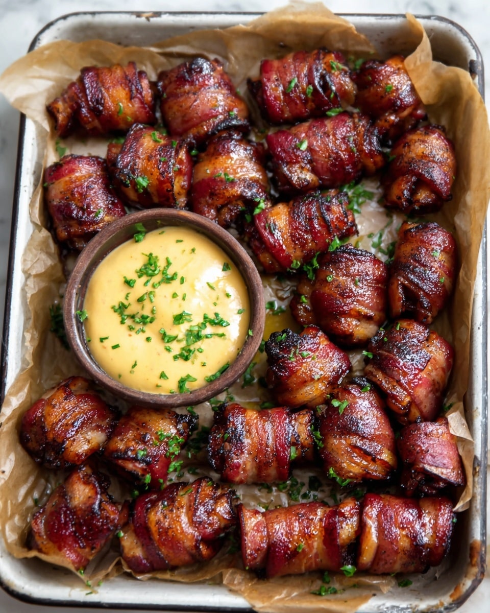 The image shows a white square baking dish filled with several dark brown bacon-wrapped sausages arranged in rows. The sausages have a shiny, slightly crispy texture with grill marks, and a rich, reddish-brown color from the cooked bacon. In the center of the dish, there is a round mound of pale orange cheese with small green herbs sprinkled on top, adding color contrast. The baking dish is lined with light brown baking paper, and the entire scene is set on a white marbled surface. The photo taken with an iphone --ar 4:5 --v 7