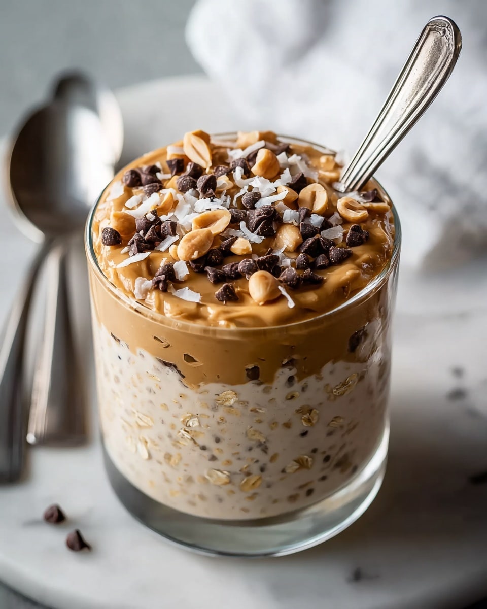 A clear glass filled with two layers: the bottom layer is a creamy light beige oatmeal mixture with visible small dark specks, filling most of the glass. On top is a smooth, thick layer of light brown peanut butter, spread evenly but with some natural swirls. The peanut butter layer is garnished with a mix of halved golden brown peanuts, dark chocolate chips, and a few small white coconut flakes, scattered generously. A silver spoon is placed inside the glass, resting on the top layer. The glass sits on a white marbled texture surface with a blurred silver spoon in the background. photo taken with an iphone --ar 4:5 --v 7