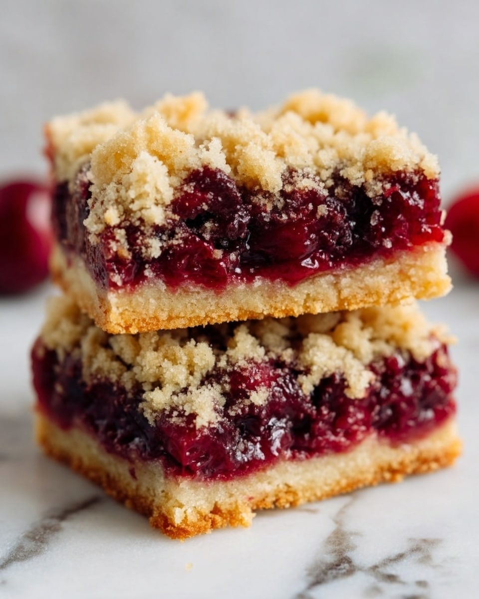 The image shows two stacked square cherry crumb bars placed on a white marbled surface. The bottom layer is a light golden shortbread crust with a smooth texture. The middle layer is a thick, glossy, deep red cherry filling with visible whole cherries and a slightly sticky look. The top layer is a crumbly, golden brown streusel with a rough texture made of small and medium-sized crumbs scattered unevenly. The close-up shot highlights the contrast between the soft filling and crunchy topping. Photo taken with an iphone --ar 4:5 --v 7