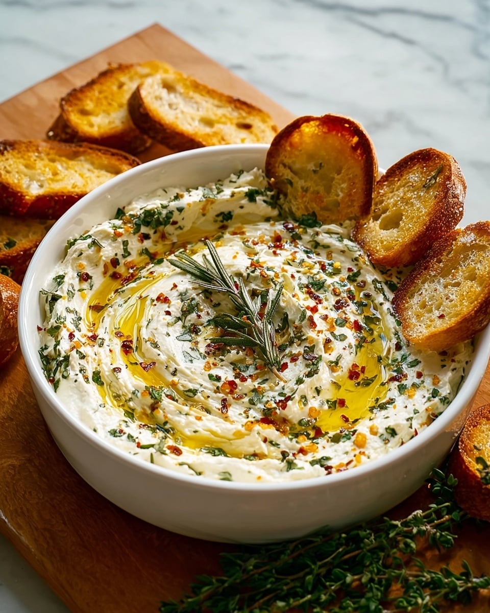 A white bowl filled with a creamy dip that has two visible layers: a thick, white base mixed with green herbs and a golden layer of olive oil on top, sprinkled with red pepper flakes and freshly ground black pepper. Fresh green sprigs of rosemary and thyme are placed on the center of the dip, adding texture and color contrast. Around the bowl, there are toasted slices of bread arranged in a half circle, showing a golden brown crust and soft inside. The bowl sits on a white marbled surface with scattered green herb sprigs near its base. Photo taken with an iphone --ar 4:5 --v 7