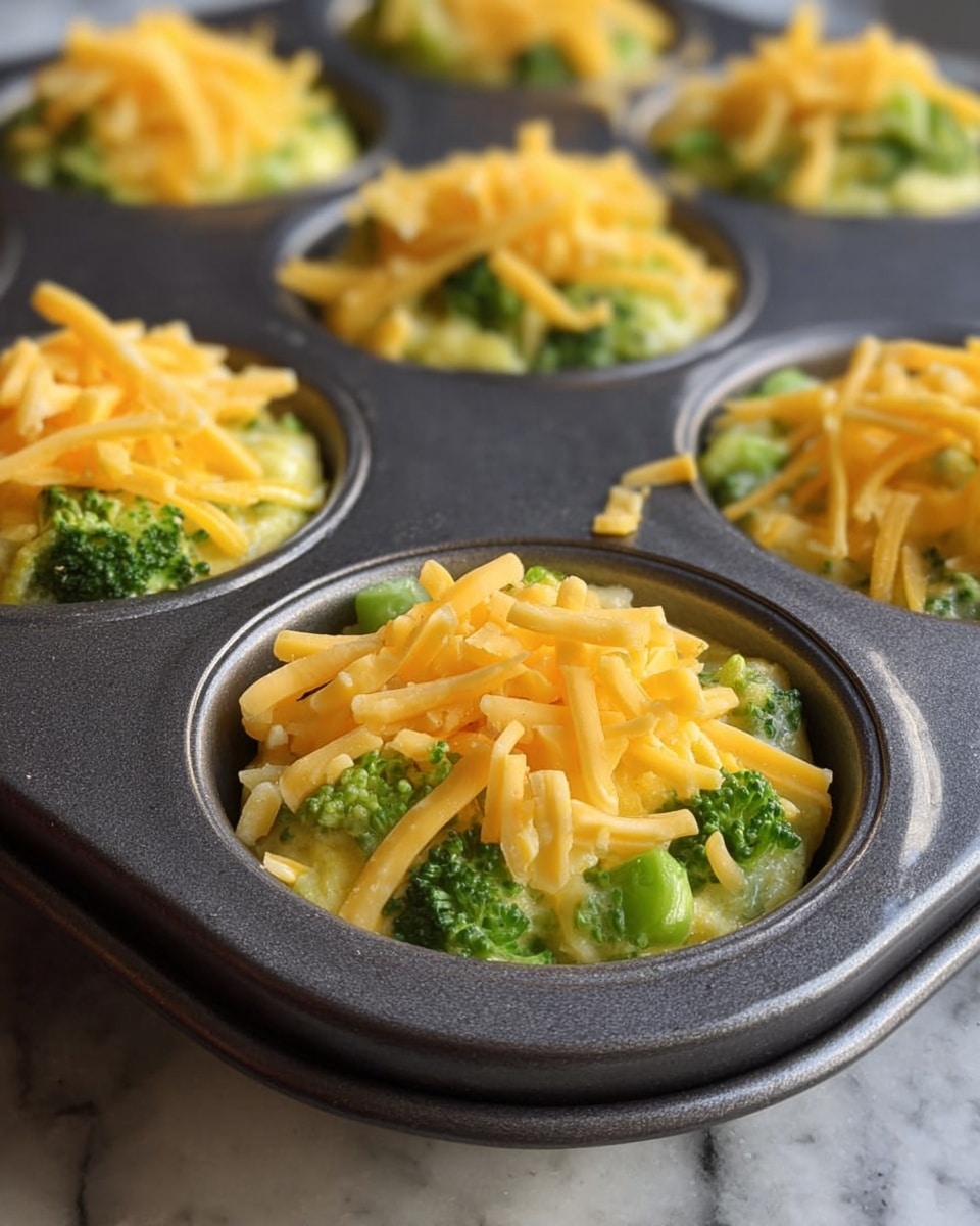 The image shows a close-up of a dark metal muffin tray with several cups filled with a mixture of green broccoli pieces and a creamy light yellow batter. Each cup is topped with bright yellow shredded cheese, unevenly spread, creating a two-layer look with the green broccoli and batter mixture on the bottom and the cheese on top. The muffin tray rests on a white marbled surface. The photo was taken with an iphone --ar 4:5 --v 7