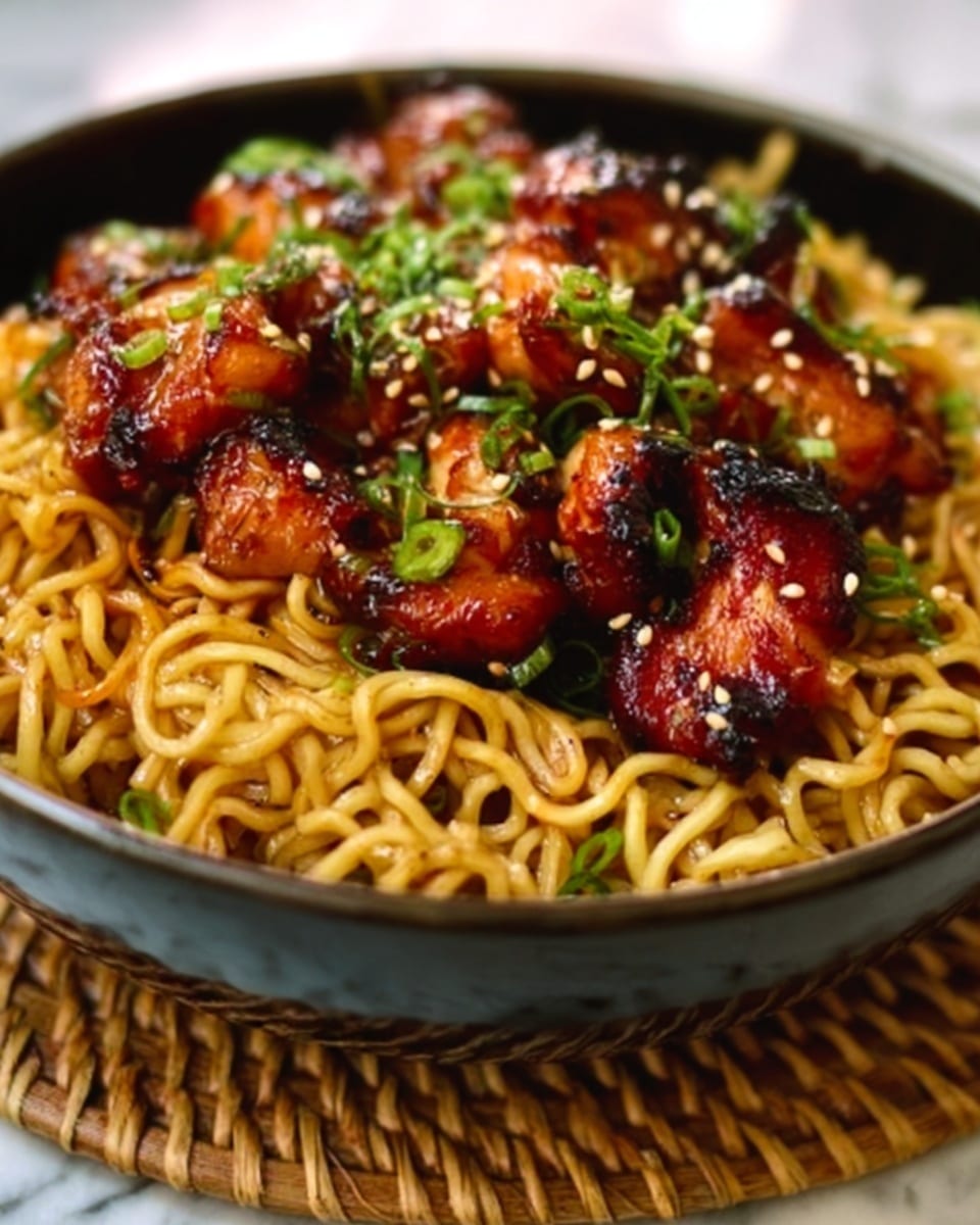 A white bowl filled with two layers of food on a white marbled surface; the bottom layer is a bed of thick, curly noodles coated in a shiny orange-brown sauce, showing a slightly oily texture with some small green herb pieces mixed in; on top, there is a generous layer of grilled chicken pieces, glazed with a dark, sticky sauce giving a glossy and caramelized look, sprinkled with sesame seeds and finely chopped fresh green herbs, adding a fresh color contrast; the dish looks rich, glossy, and savory with a mix of textures from soft noodles to tender, sticky chicken. photo taken with an iphone --ar 4:5 --v 7