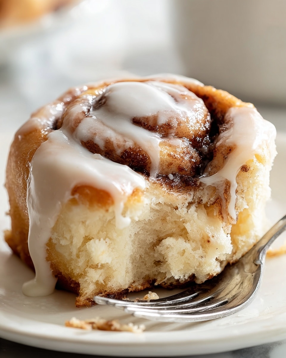 A close-up of a single cinnamon roll sits on a white plate, with a soft, fluffy texture visible from a bite taken from the side. The cinnamon roll has a light golden-brown color with a thick layer of white icing slowly melting over the top and dripping down the sides. The swirl of cinnamon filling inside the roll is darker brown and slightly glossy. A small part of a silver fork is placed near the cinnamon roll on the plate. The background features a white marbled texture with soft sunlight in the distance. photo taken with an iphone --ar 4:5 --v 7