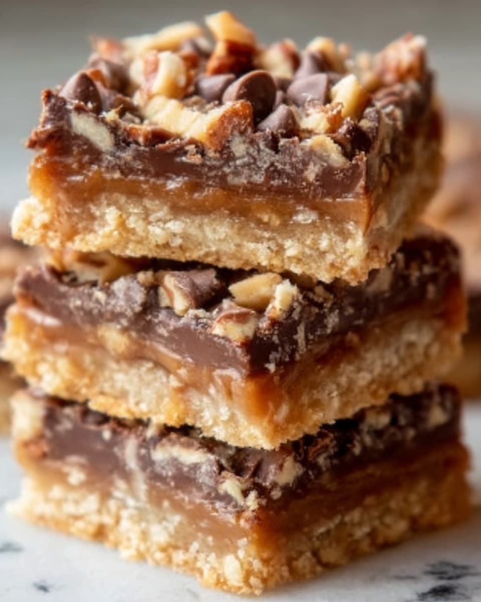 A close-up view of a stack of five thick, square dessert bars with a rich, golden-brown crust at the bottom, topped by a gooey, dark caramel layer mixed with chopped nuts, and finished with a slightly crunchy, light brown nut topping sprinkled with chocolate chips. The bars have a chewy and nutty texture, with visible chunks creating a layered effect. The image background is a white marbled texture. Photo taken with an iphone --ar 4:5 --v 7