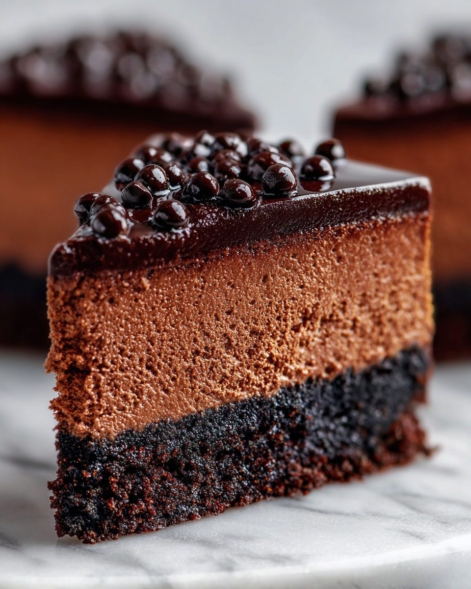 The image shows a close-up of a rich chocolate dessert bar with four distinct layers. The bottom layer is a dense, dark chocolatey crust with a slightly crumbly texture and deep black-brown color. Above it is a thick layer of smooth yet slightly textured chocolate filling in a medium brown shade. The third layer is a darker, creamy chocolate mousse with a glossy and soft appearance, showing some uneven texture. The top layer is a shiny, darker chocolate ganache, smooth and thick, with small round chocolate pearls sprinkled on top, adding a bit of shine and texture. The background is a white marbled texture. Photo taken with an iphone --ar 4:5 --v 7