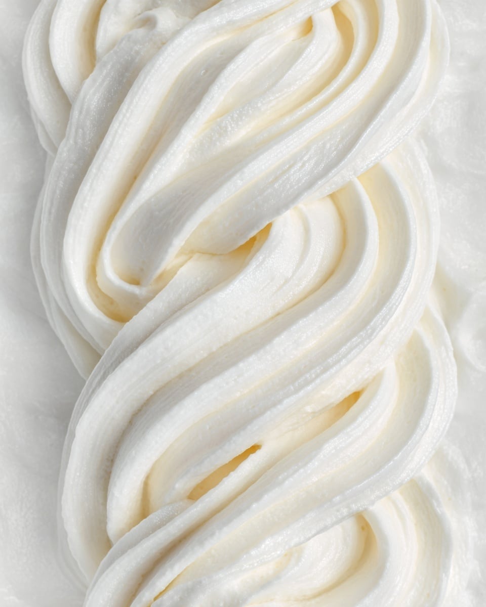 A close-up image of a white, creamy frosting swirl with smooth, thick texture, forming three curved loops stacked vertically in a neat row. The frosting shows soft shadows and highlights, giving it a fluffy, rich look. The background is a white marbled texture. Photo taken with an iphone --ar 4:5 --v 7