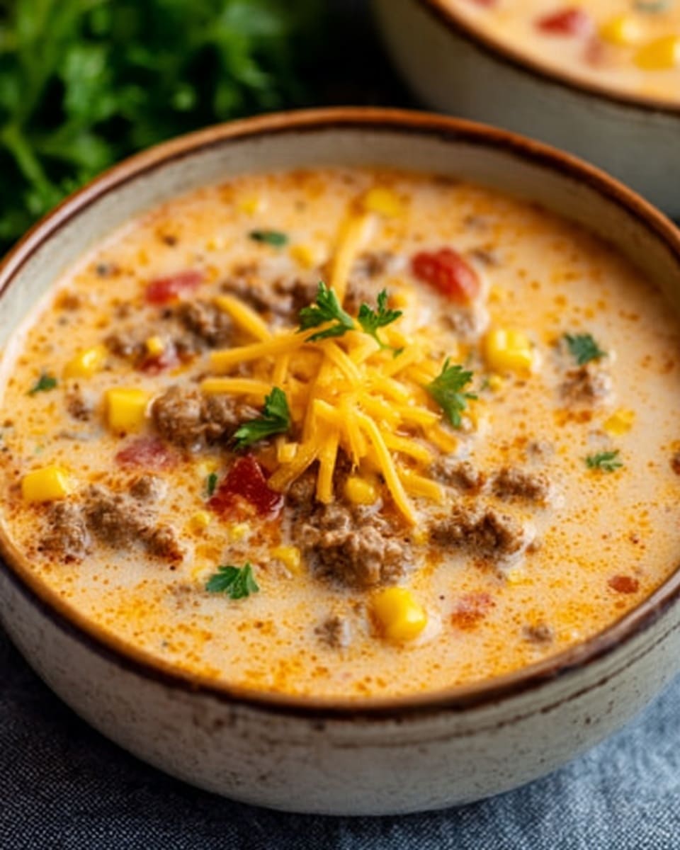 A close-up image of a creamy soup served in a round bowl with a brown rim, filled with a light orange broth. Inside the soup, there are visible small pieces of bright yellow corn, browned ground meat, and bits of red tomatoes floating in the liquid, creating spots of color throughout. On top, there is a small mound of shredded yellow cheddar cheese, and small green parsley leaves are placed around the surface for garnish. The bowl sits against a soft dark background with a blurred another bowl of greens visible. photo taken with an iphone --ar 4:5 --v 7