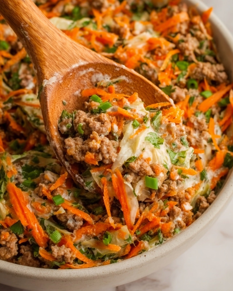 The image shows a close-up view of a white bowl filled with a colorful dish that has several layers. The bottom layer appears to be creamy and white, possibly a sauce, topped with a thick layer of chopped cooked meat with a reddish-brown color. On top of the meat, there are fresh shredded carrot strips in bright orange and green thin slices of what looks like jalapeño or green pepper scattered around. A wooden spoon lifts some of the food, showing the different textures and colors clearly. The background is a white marbled texture. photo taken with an iphone --ar 4:5 --v 7