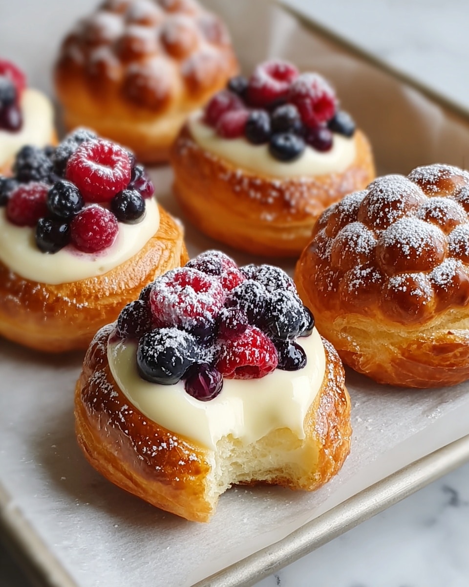 The image shows small round pastries with a golden, shiny crust that is puffy and soft. Each pastry has a flower-like shape with petal sections around the edges. In the center, there is a creamy white custard layer that looks smooth and thick. On top of the custard, there are fresh berries, including dark blue blueberries and red raspberries, clustered together with a slightly glossy look. The pastries are dusted lightly with white powdered sugar. They are placed on a baking tray lined with white parchment paper, all resting on a white marbled surface. Photo taken with an iphone --ar 4:5 --v 7