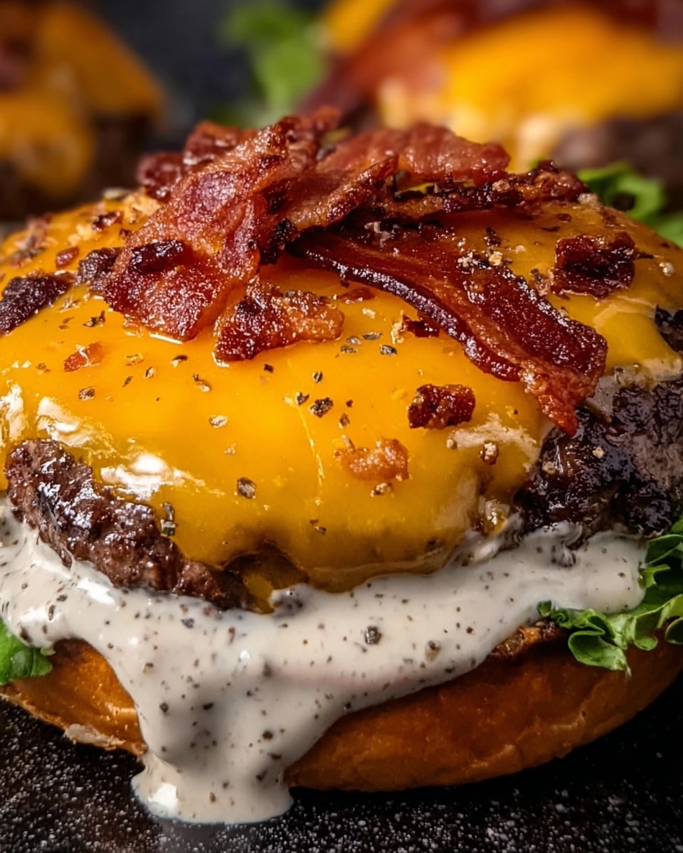 The image shows a close-up of a stacked cheeseburger with three main layers. The bottom layer is a toasted burger bun with a creamy white sauce with black pepper soaked around it. Above this is a thick, juicy beef patty topped with melted orange cheddar cheese, which looks glossy and hot. There are crispy, dark reddish-brown bacon strips placed on top of the cheese, adding texture. The background has a soft white marbled texture that keeps the focus on the burger layers and colors. photo taken with an iphone --ar 4:5 --v 7