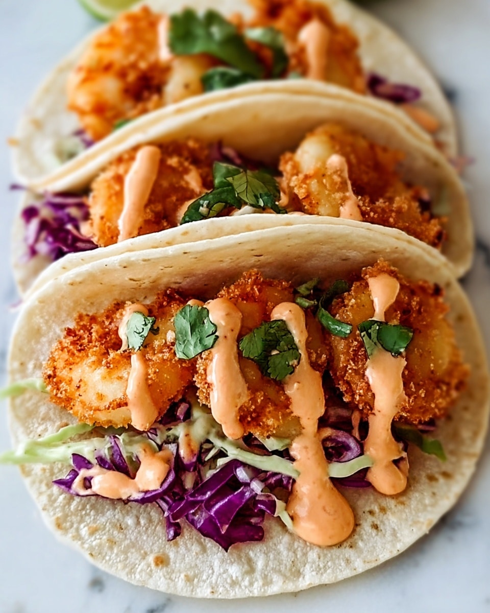 Two soft corn tortillas lay open side by side on a white marbled surface, each holding three crispy fried shrimp with a golden brown coating. Under the shrimp, there is a layer of shredded green and purple cabbage adding a fresh crunch. Light orange creamy sauce is drizzled generously over the shrimp, and small green cilantro leaves are sprinkled across the top, adding a touch of color and freshness. The shrimp are slightly curled, showing a juicy texture inside the crispy crusts. photo taken with an iphone --ar 4:5 --v 7