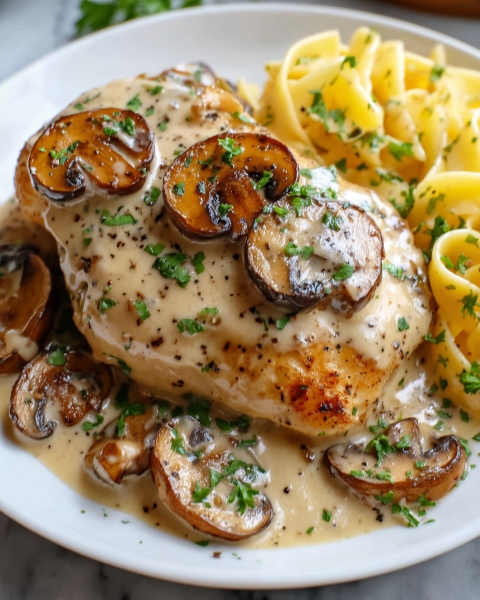A white plate with one thick cooked chicken breast covered in creamy light beige sauce with black pepper sprinkled, topped with three golden-brown sautéed mushroom slices. Around the chicken are more sautéed mushrooms, glistening with oil, and chopped green parsley scattered over the dish. On the right side of the plate, there is a serving of light yellow pasta with soft texture. The plate is placed on a white marbled surface. photo taken with an iphone --ar 4:5 --v 7