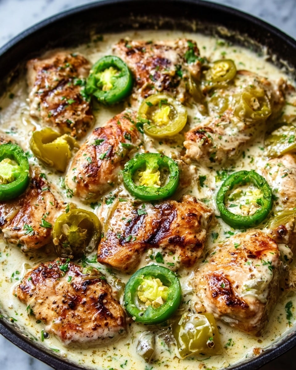 This image shows a close-up of a black pan filled with pieces of browned chicken cooked in a creamy white sauce. The chicken pieces are irregularly shaped with visible golden-brown grill marks, giving a textured look. Scattered throughout the sauce are bright green pepper slices with a smooth and shiny texture. The creamy sauce is speckled with finely chopped green herbs, adding a fresh and textured appearance. The dish sits on a white marbled surface, enhancing the contrast between the colors of the chicken, sauce, and peppers. photo taken with an iphone --ar 4:5 --v 7