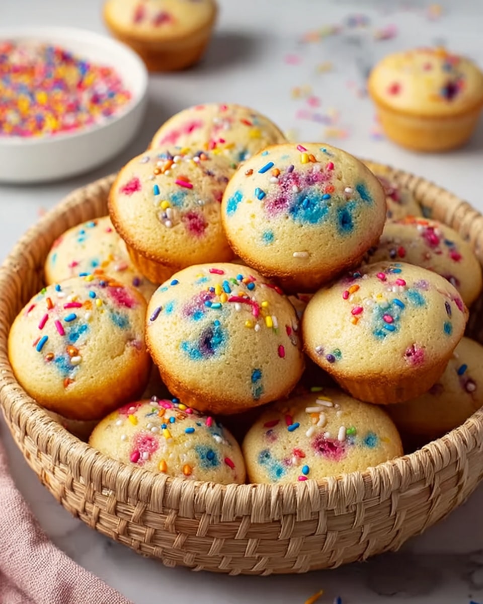 A basket filled with many small muffins that are light yellow with bright colorful sprinkles of blue, pink, red, yellow, and orange mixed inside and on top, showing a soft and moist texture. The basket is made of natural woven material sitting on a white marbled surface. In the background, there is a white plate with more colorful sprinkles slightly blurred, and a woman's hand reaching towards the basket. photo taken with an iphone --ar 4:5 --v 7