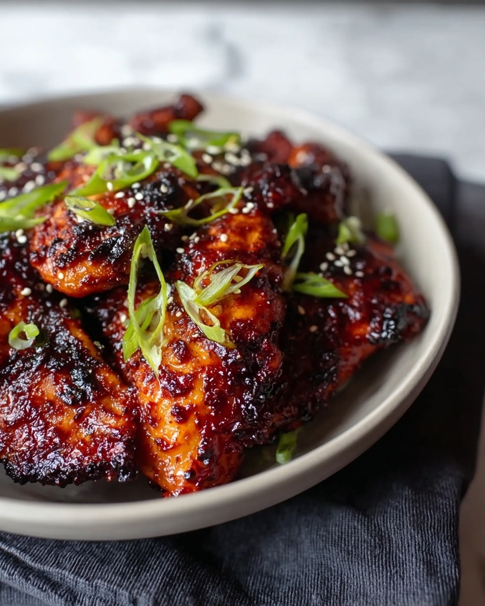 The image shows a close-up of several pieces of grilled chicken with a dark, sticky, and slightly charred glaze, giving the chicken a rich reddish-brown and black color. The chicken is topped with thinly sliced bright green scallions and sprinkled with small pale sesame seeds. The chicken pieces are placed in a shallow white bowl with a rough texture, sitting on a white marbled surface draped with a dark cloth underneath the bowl. The overall look is rustic and appetizing, focusing on the details of the caramelized glaze and fresh toppings. photo taken with an iphone --ar 4:5 --v 7