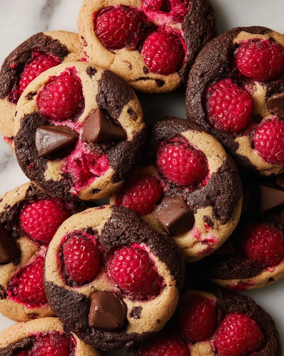 A close-up view of round cookies with a marbled pattern of dark brown and light beige dough creating a swirled effect. Each cookie is topped with fresh bright red raspberries and large dark chocolate chunks, some round and others triangular, spaced unevenly on the surface. The raspberry juice softly colors parts of the dough with a deeper red tint, adding extra texture and visual depth. The cookies are stacked and overlapping each other tightly, filling the frame with rich colors and contrasts. The photo is taken on a white marbled texture background. photo taken with an iphone --ar 4:5 --v 7