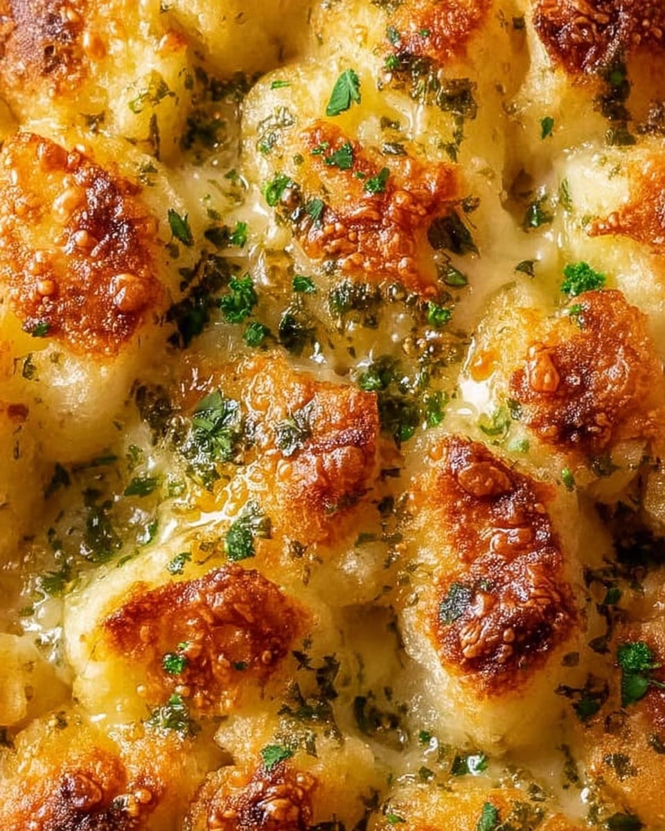 A close-up of golden brown garlic bread with a crispy, bubbly crust showing many small baked garlic and herb pieces on the surface; the bread is cut into fluffy soft sections with melted butter and finely chopped green herbs spread evenly over the top, and the texture looks slightly oily and richly spiced. photo taken with an iphone --ar 4:5 --v 7
