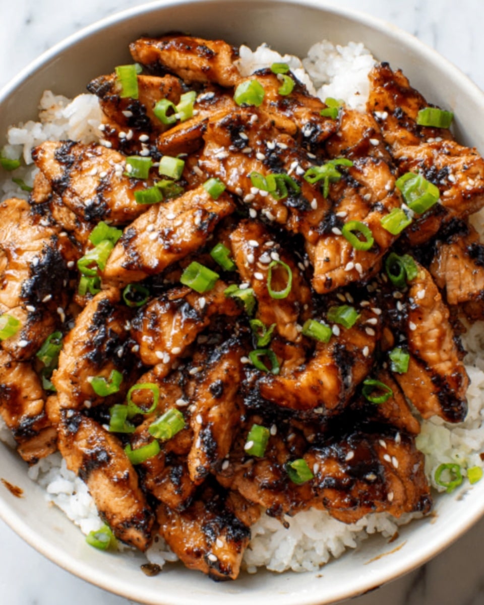 A white bowl filled with a layer of plain white rice as the base, topped with several pieces of glazed grilled chicken that have a shiny, caramelized brown color with some charred edges, and sprinkled with small pieces of fresh green onion and white sesame seeds for garnish. The background is a white marbled texture. Photo taken with an iphone --ar 4:5 --v 7