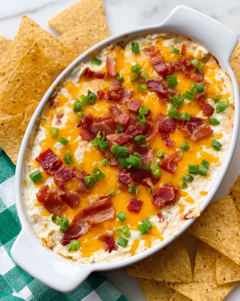 The image shows a white oval dish filled with a layered dip. The bottom layer is creamy and light in color, likely a mix of sour cream and cream cheese. On top, there is a thick, bright orange layer of melted cheddar cheese covering the entire surface. Scattered across the cheese layer are small pieces of crispy, dark brown bacon and bright green chopped scallions, adding texture and color contrast. The dish is placed on a green and white checkered cloth with some light-colored tortilla chips on the side. The background is a white marbled texture. Photo taken with an iphone --ar 4:5 --v 7