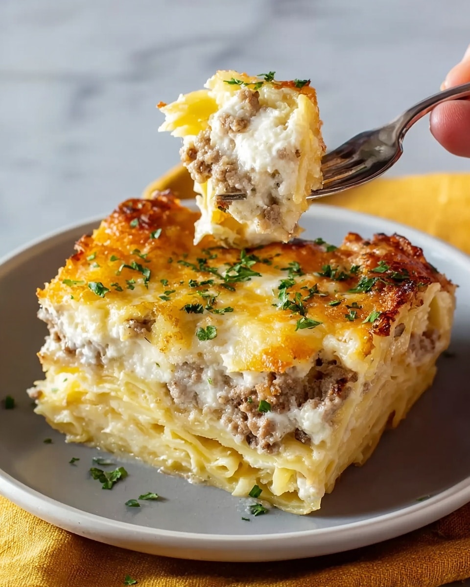 A square piece of layered casserole on a white plate shows three clear layers: the bottom layer is light yellow pasta or noodles, the middle layer is creamy white sauce mixed with cooked ground meat, and the top layer is melted golden cheese sprinkled with green chopped herbs. The edges of the casserole are slightly browned and crispy, and a woman's hand holding a fork is lifting a bite-sized portion, revealing the soft and gooey texture inside. The plate is set on a white marbled surface with a hint of a yellow cloth underneath. photo taken with an iphone --ar 4:5 --v 7