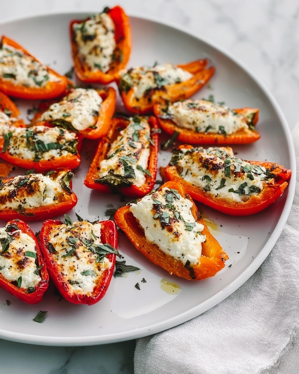 A white plate holds eleven roasted mini bell pepper halves arranged in a loose circle and scattered close together, with five orange and six red peppers. Each pepper half is filled with a thick layer of white creamy cheese that looks soft and slightly melted. On top, there are small green herb leaves evenly spread, adding color and texture. A thin dark drizzle of balsamic glaze or sauce is scattered over the peppers and plate, creating a shiny contrast against the white and colors of the peppers. The background is a white marbled texture, and the lighting brings out the rich, fresh colors of the dish. Photo taken with an iphone --ar 4:5 --v 7