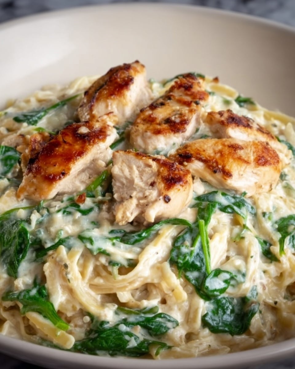 The dish shows a white plate filled with creamy pasta layered with tender pieces of light golden-brown cooked chicken on top. Mixed throughout the pasta are vibrant green spinach leaves adding a fresh color contrast. The sauce is thick and smooth, with a pale creamy color covering the noodles. The white marbled surface beneath the plate enhances the clean and fresh look of the meal. photo taken with an iphone --ar 4:5 --v 7