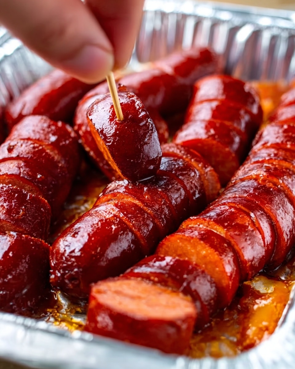 The image shows a close-up of a silver foil tray filled with small, cut sausages that have a shiny, dark reddish-brown glaze. The sausages are sliced into short pieces, and one piece is picked up by a woman's hand holding a toothpick on the left side of the image. The sausages look moist and slightly caramelized. The background is a white marbled surface. Photo taken with an iphone --ar 4:5 --v 7
