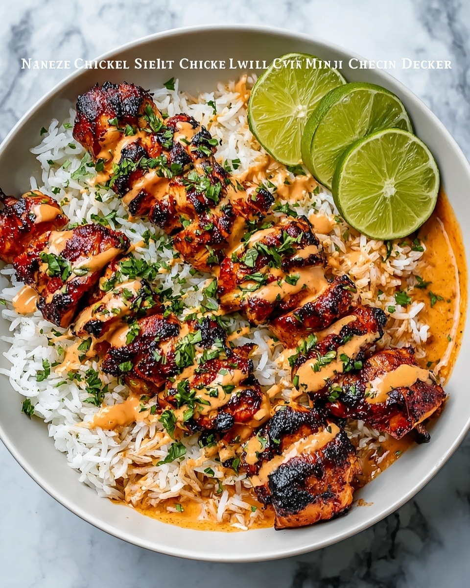 The image shows a white bowl filled with a base layer of fluffy white rice, topped with two grilled chicken skewers that are richly charred with dark grill marks and a glossy texture. The chicken has a golden-brown color with slightly burnt edges. A creamy light orange sauce is drizzled over the chicken and rice, some pooling at the bottom of the bowl. Fresh chopped green herbs are sprinkled over the top, adding a pop of color. There are two slices of bright green lime on one side of the bowl for garnish. The bowl is placed on a white marbled surface, and in one shot, a spoon is pouring more of the same sauce over the chicken. Photo taken with an iphone --ar 4:5 --v 7
