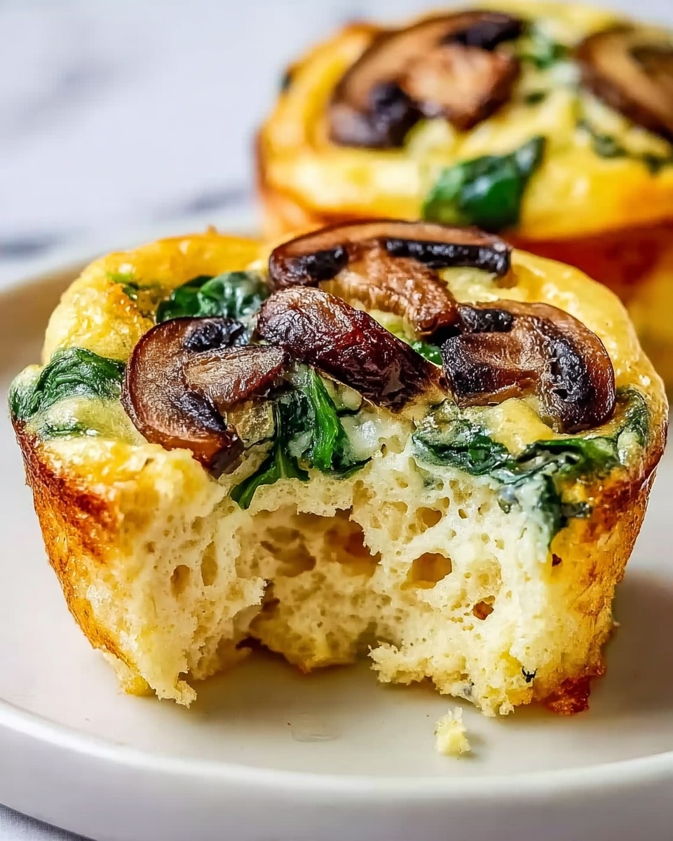 A close-up image shows a small egg muffin with two cooked brown mushroom slices and green spinach leaves on top, baked inside a golden-yellow egg base with a soft and slightly fluffy texture. The muffin is partially bitten, revealing the light and airy inside with tiny air pockets. The muffin sits on a white plate with a smooth surface, and the background is a white marbled texture. Photo taken with an iphone --ar 4:5 --v 7