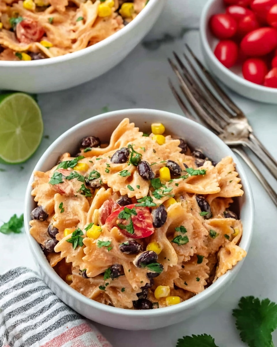 The image shows a small white bowl filled with a three-layer dish of bowtie pasta mixed with black beans, yellow corn, and small red pepper pieces, all coated in a creamy orange sauce. The pasta and vegetables are garnished with small green herb leaves, adding a fresh touch. The bowl is placed on a white marbled surface alongside a larger white bowl of the same dish, a lime wedge, scattered herbs, and a fork nearby, creating a fresh and colorful meal scene. The lighting highlights the smooth, creamy texture of the sauce and vibrant colors of the ingredients. photo taken with an iphone --ar 4:5 --v 7
