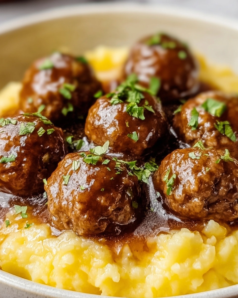 The image shows a close-up of seven glossy brown meatballs coated in a rich, thick sauce, arranged in a small pile over a bed of creamy textured yellow grits. Small pieces of fresh green herbs are sprinkled on top of the meatballs, adding a touch of color contrast. The dish is served in a white bowl, set on a white marbled surface. The photo taken with an iphone --ar 4:5 --v 7