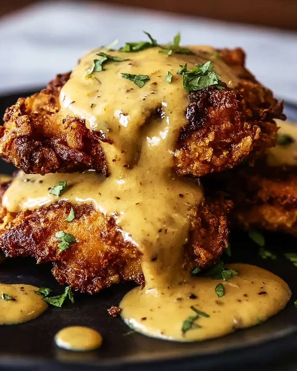 A close-up image shows two stacked fried chicken breasts with a crispy, dark golden-brown crust. They are covered in a thick, creamy yellow mustard sauce that drips down the sides onto a black plate. Small green herb pieces are sprinkled on top of the sauce and around the plate. The background is a white marbled texture. photo taken with an iphone --ar 4:5 --v 7