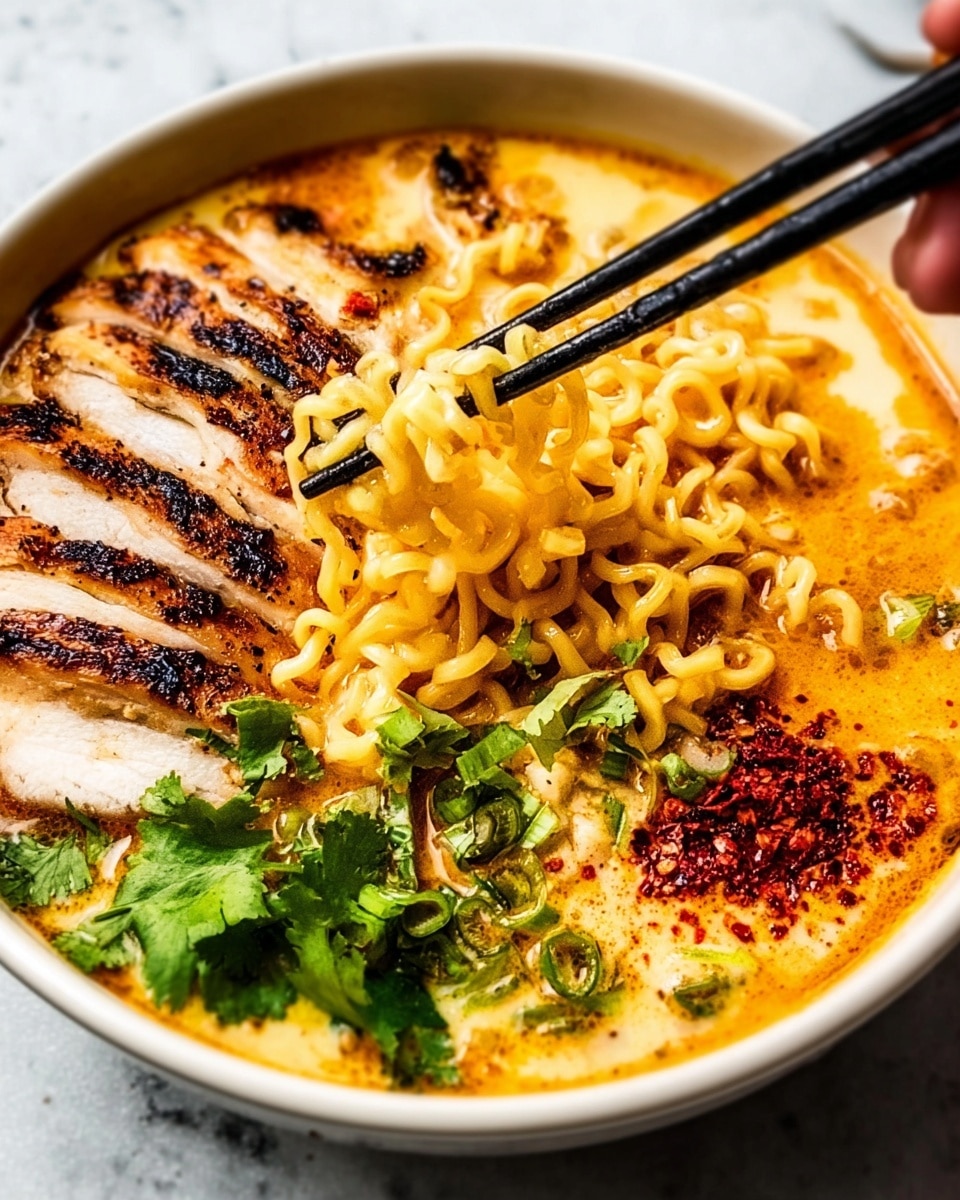 A bowl of ramen with rich, creamy orange broth fills most of the white bowl. On one side, there are several slices of grilled chicken with a dark, charred crust and white tender meat inside. Red chili powder is sprinkled near the grilled chicken. The noodles are yellow and curly, lifted with black chopsticks by a woman's hand from the middle of the bowl, with some green chopped scallions and fresh cilantro leaves floating on top. The bowl sits on a white marbled surface. photo taken with an iphone --ar 4:5 --v 7